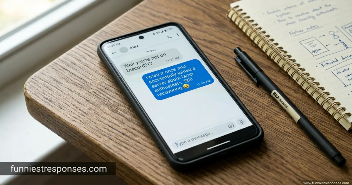Smartphone screen showing a text: 'you're not on Discord?' with funny reply