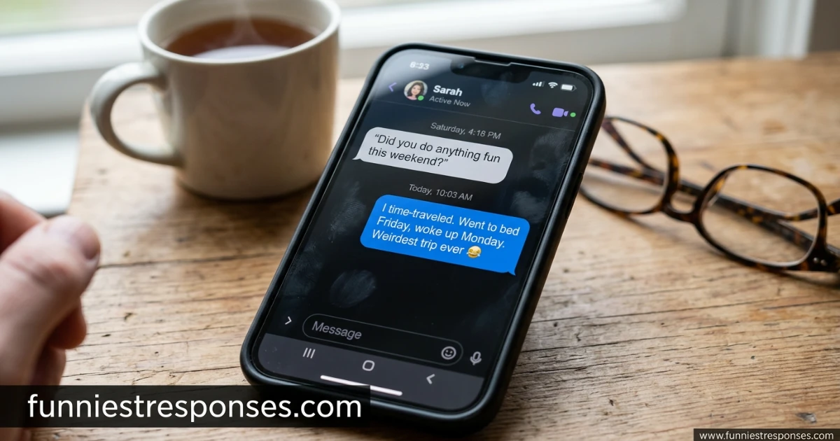 Smartphone text conversation with 'did you do anything fun' and funny reply about sleeping