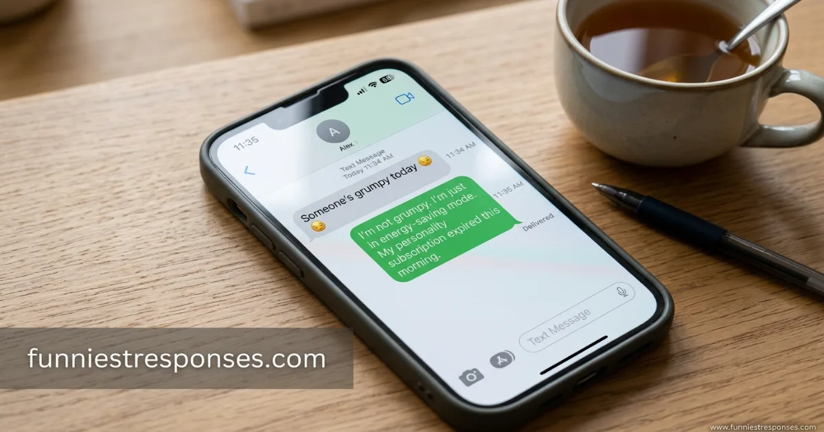 Smartphone text with 'someone's grumpy' and funny reply