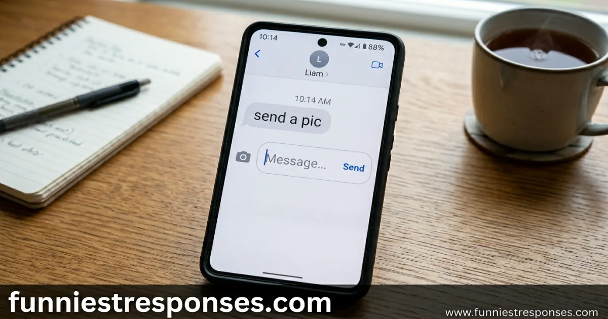 Phone screen with message 'send a pic' and a laughing emoji reply