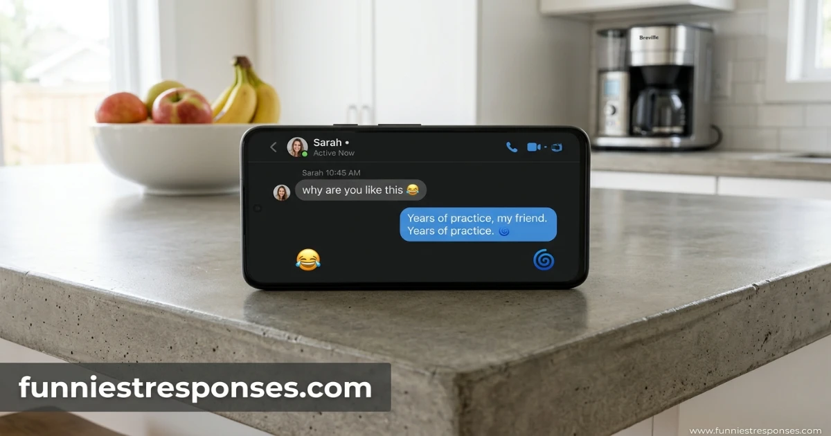 Text message asking 'why are you like this?' with a funny emoji reply