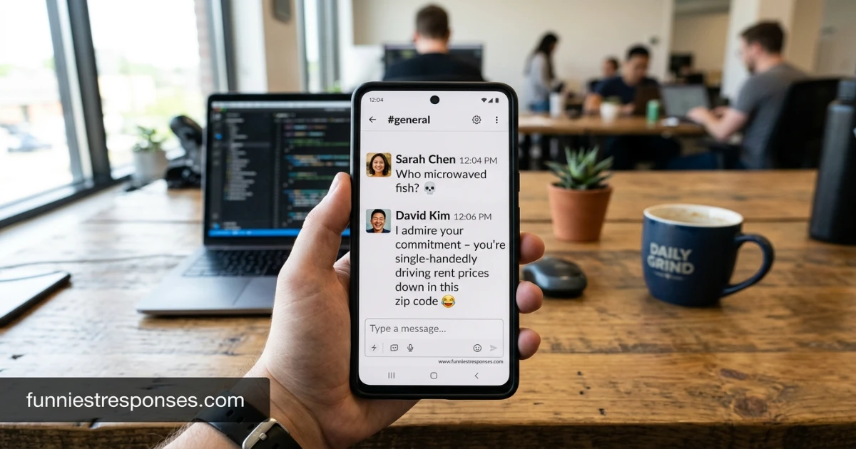 Slack message: 'who microwaved fish?' with funny emoji replies