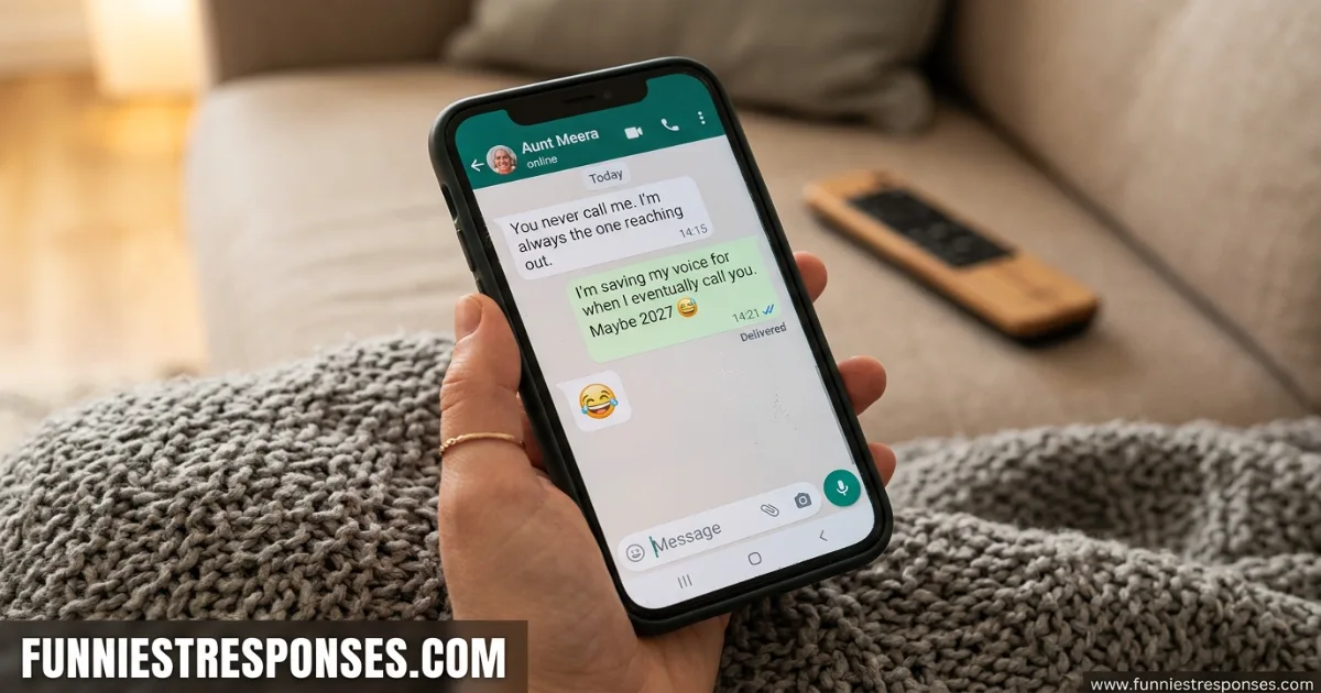 Smartphone showing a text from Mom: 'You never call me' with a funny reply