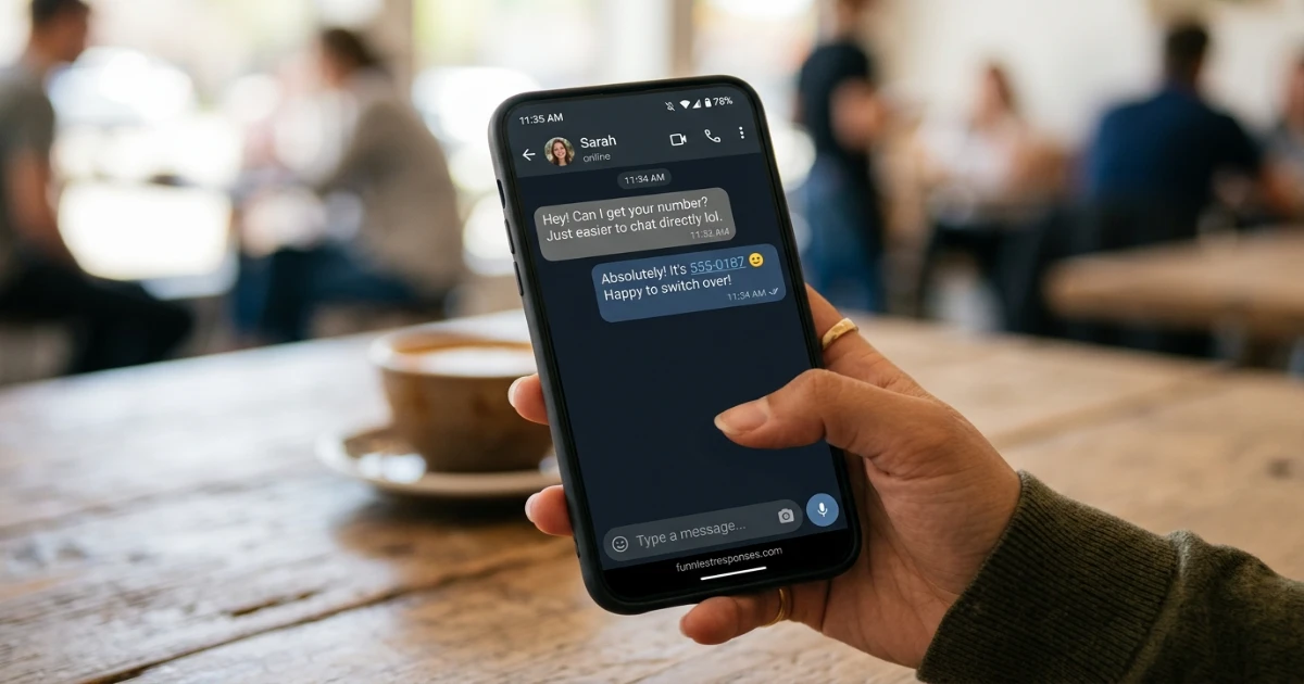 Phone screen showing a stranger asking for number and a funny reply