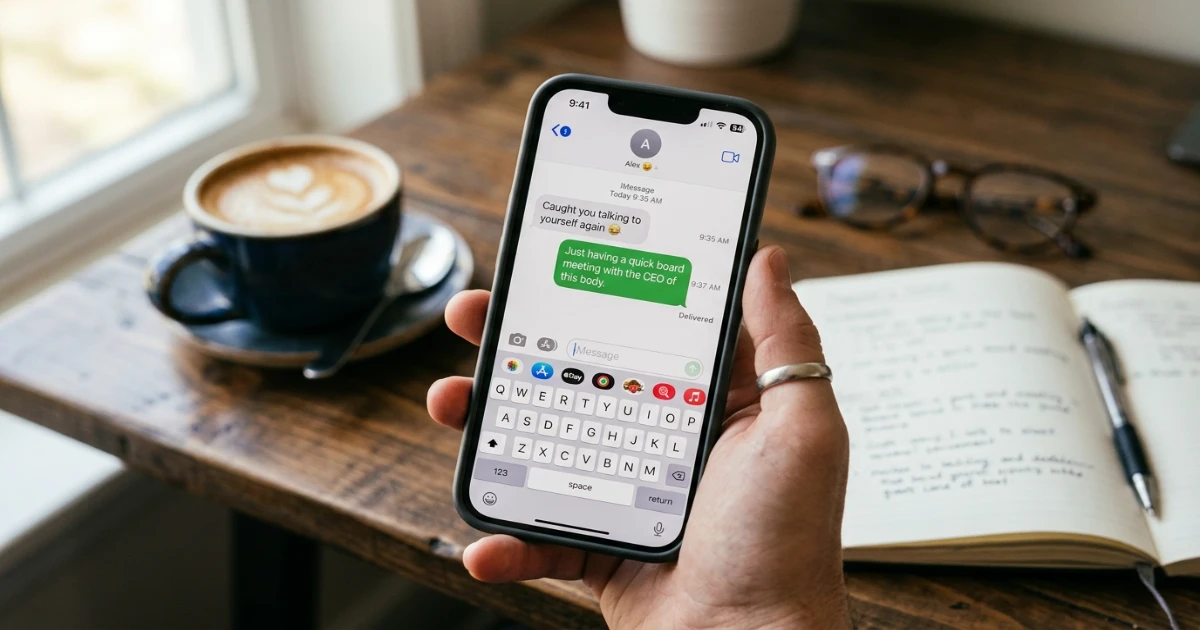 Text message conversation showing a witty reply to being caught talking to yourself
