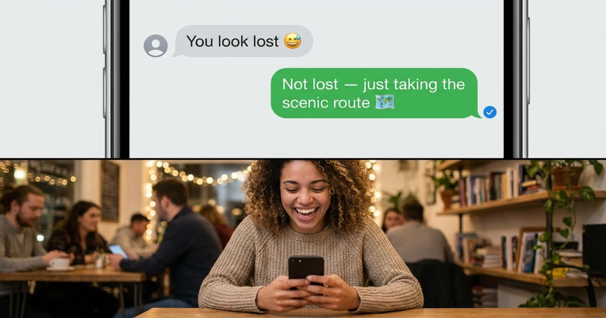 Person smiling while looking at phone on a city street