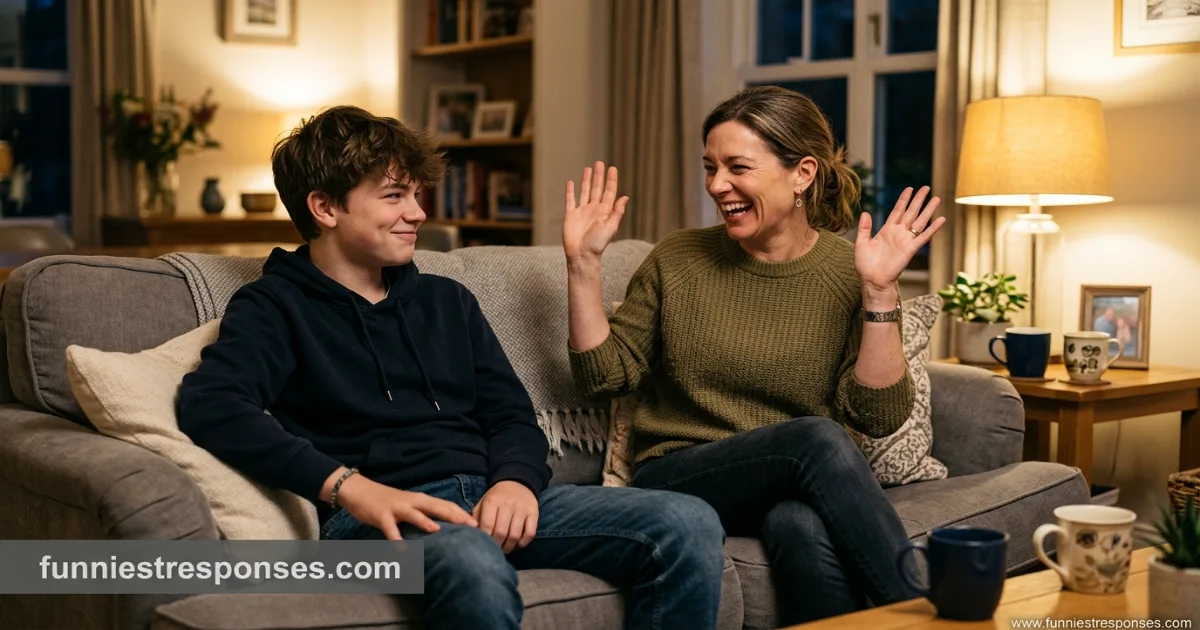 Teenager and parent laughing together on a couch, both smiling