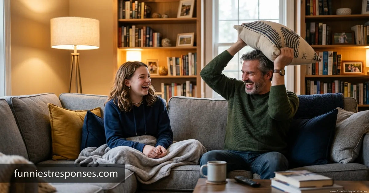 Teenager and adult laughing together on a couch, phone in hand