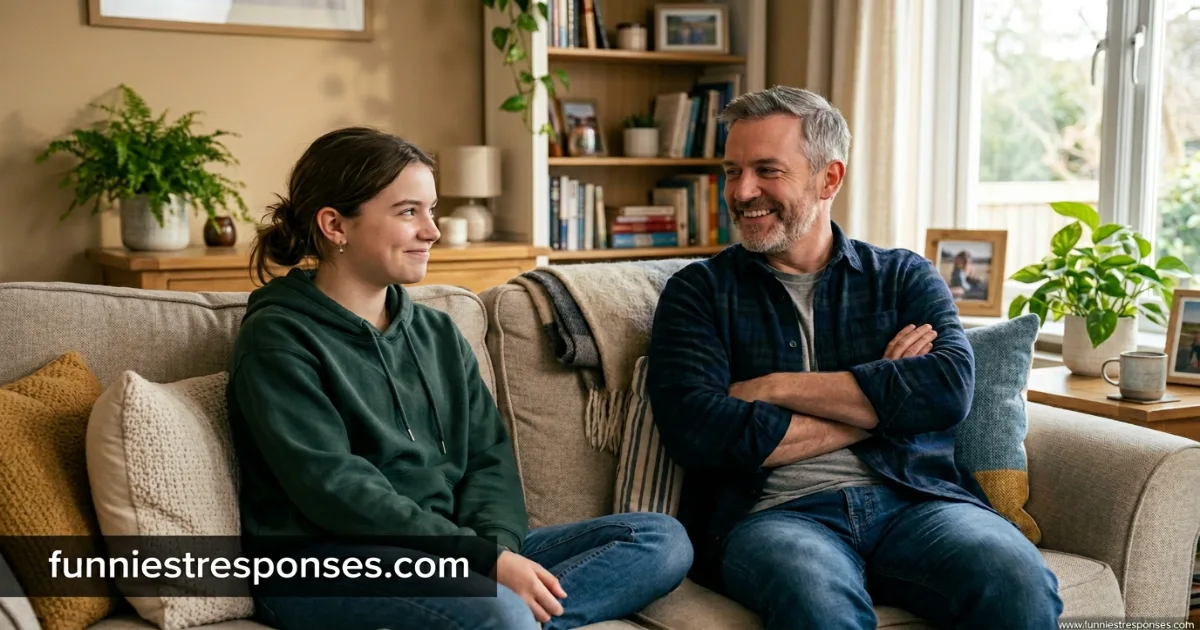 Teenager sitting on couch looking at adult with half-smirk, adult laughing