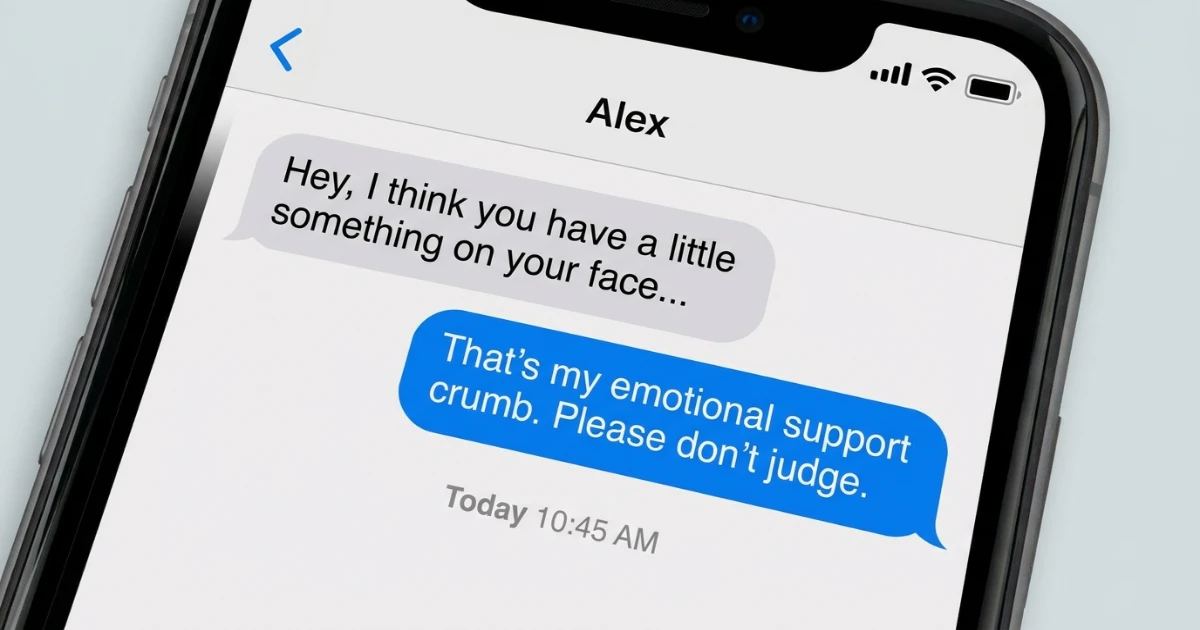 Text message conversation with a funny reply about having food on face