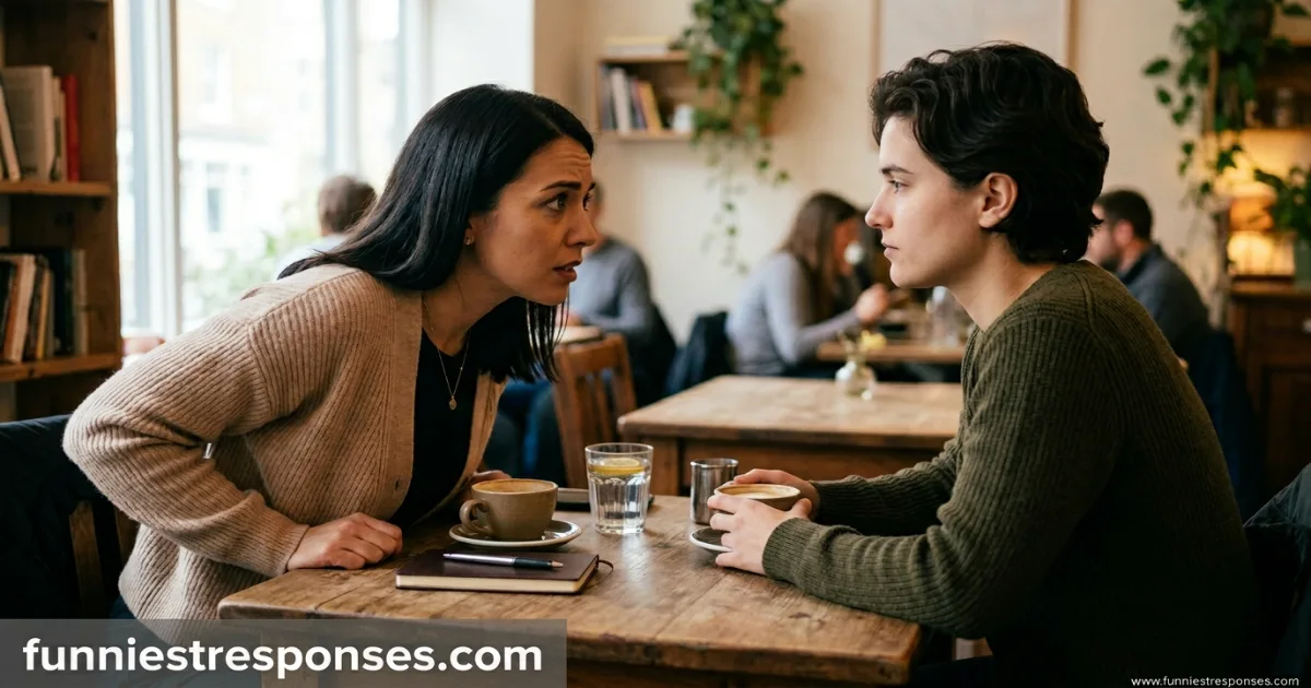 Person looking neutral, another person gesturing with a smile