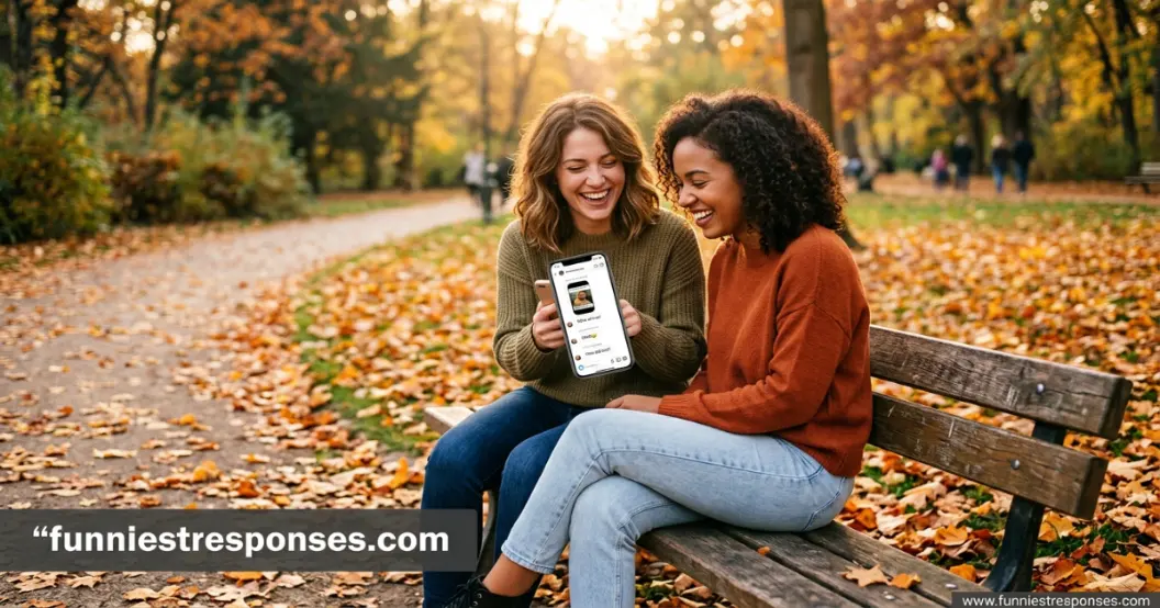Two friends sitting on a couch, one holding a phone showing a story, both laughing