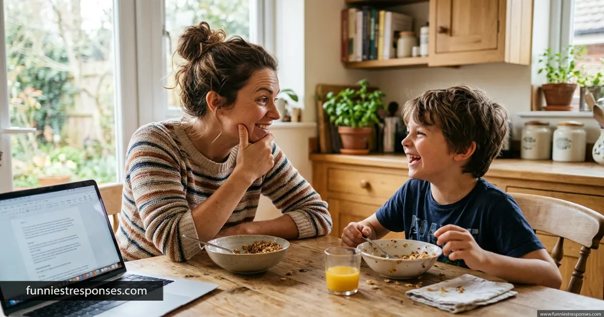 Adult and child sitting at kitchen table, adult making playful hand gesture while answering