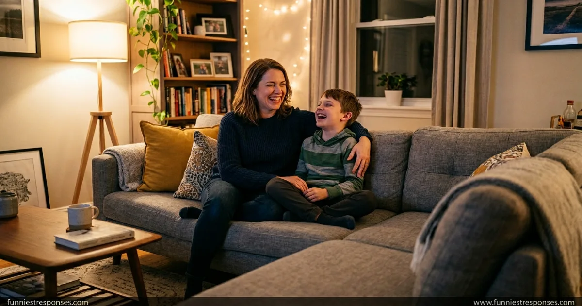 Adult and child laughing together on a couch after a funny comeback