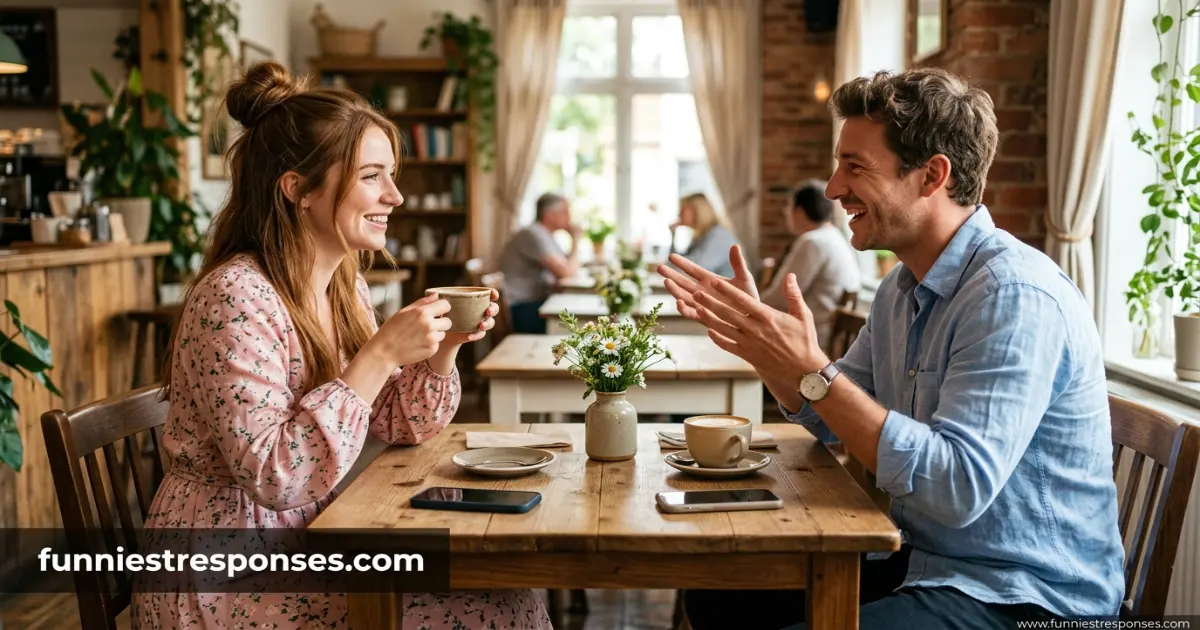 Two people at a café, one looking surprised, the other smiling confidently