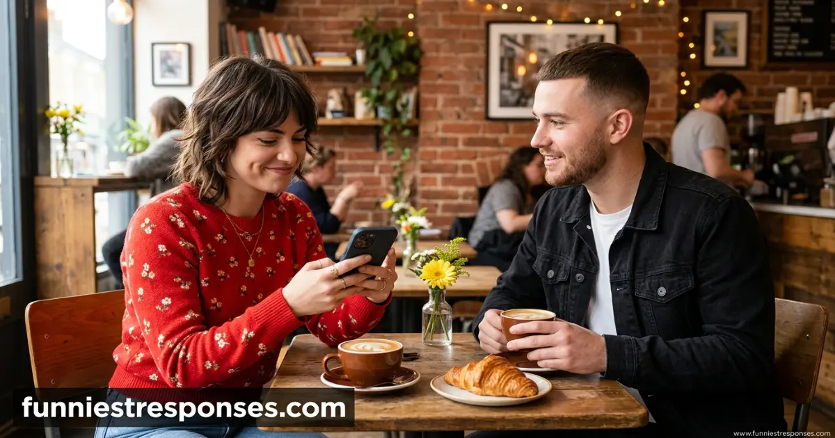 Two people laughing at a café, one holding a phone