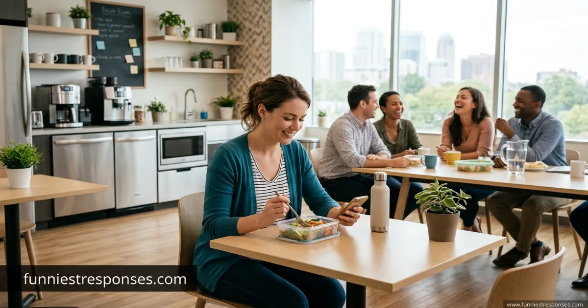 Person eating lunch alone at a desk, smiling at a coworker passing by