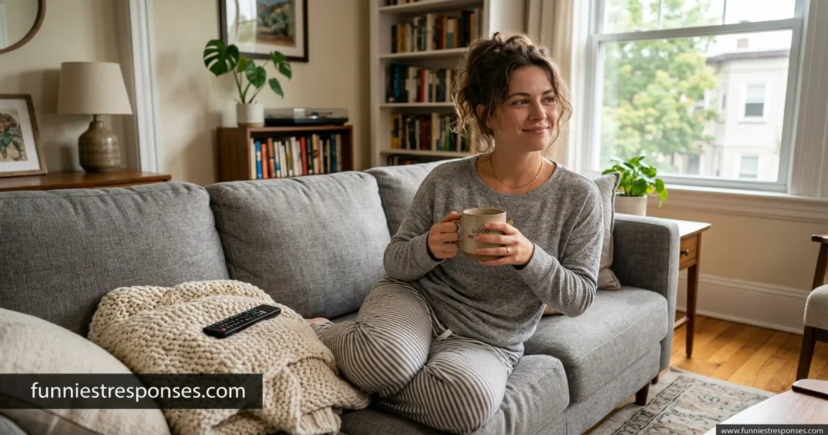Person lying on a couch in pajamas, looking relaxed with a smile, phone in hand