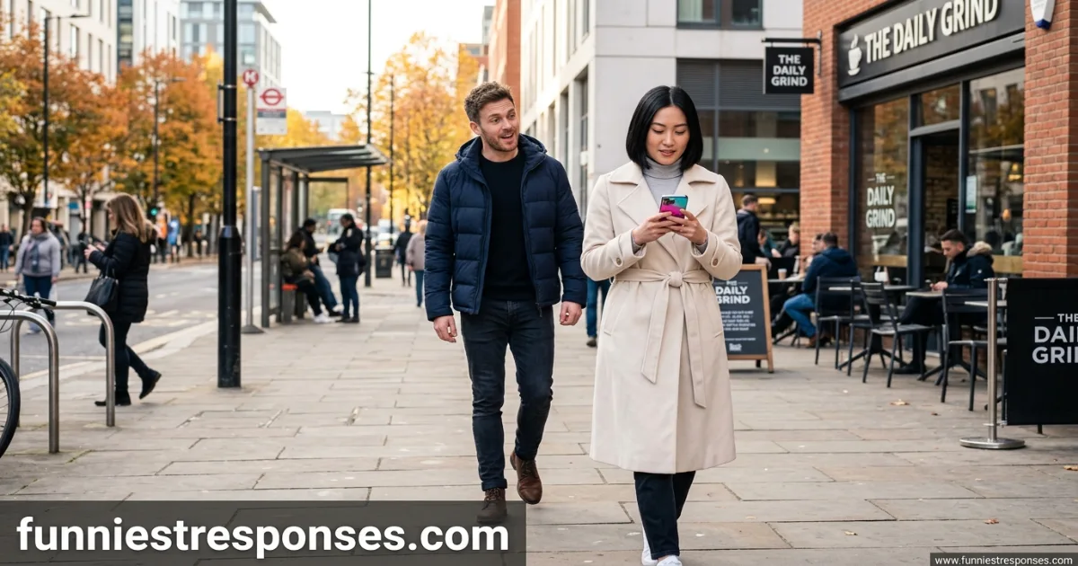 Two people noticing each other on a street, one gesturing playfully