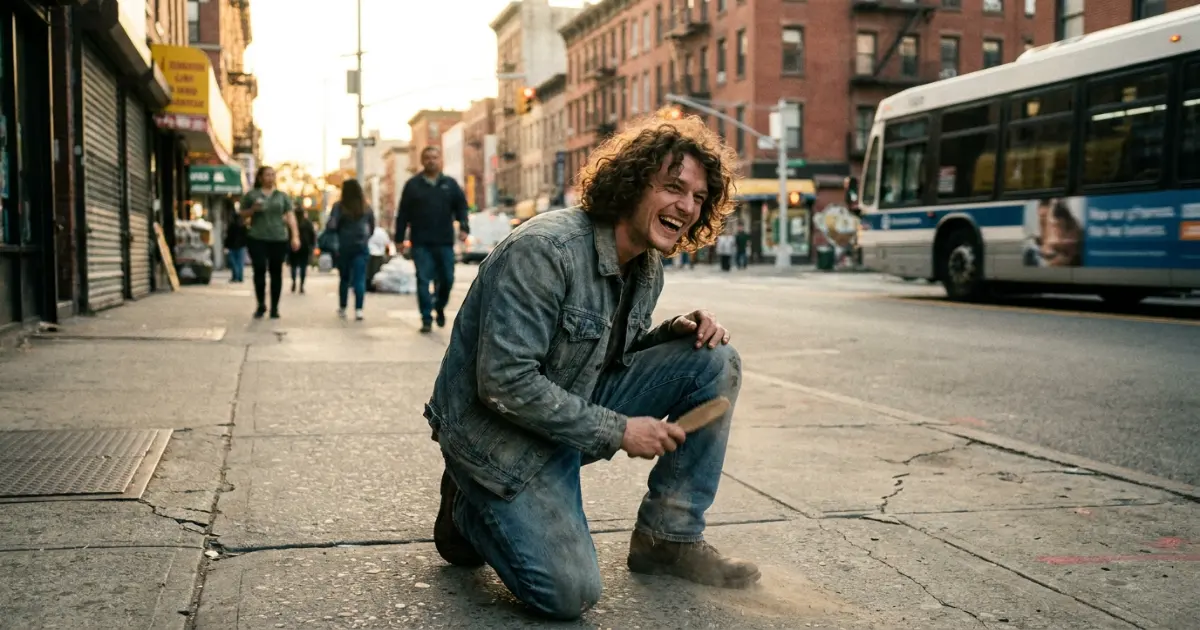 Person laughing after stumbling on a sidewalk, phone in hand