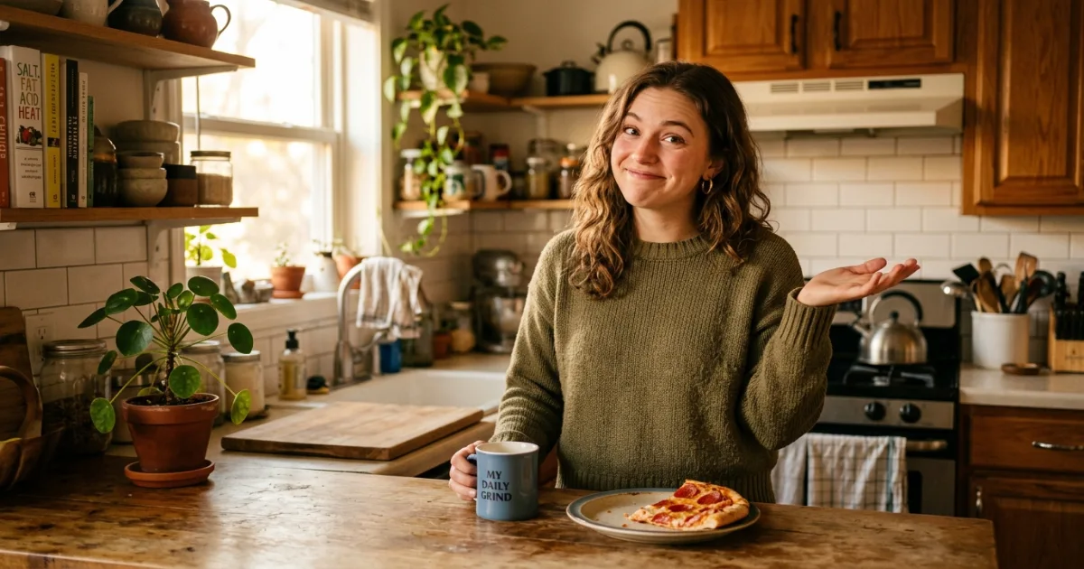 Person grinning after being caught talking to themselves in a kitchen