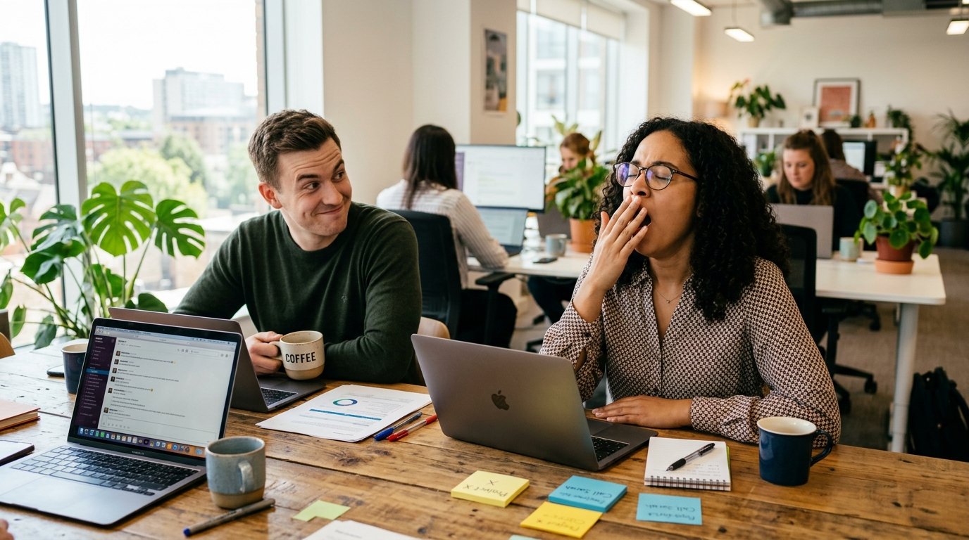 Person caught mid-yawn on a video call with funny expression