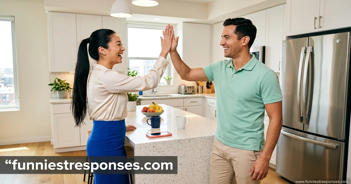 Person gesturing with a smirk while another looks amused