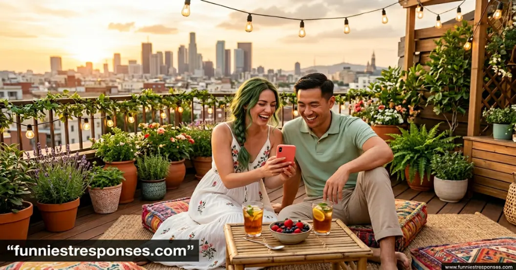 Couple laughing together on a couch