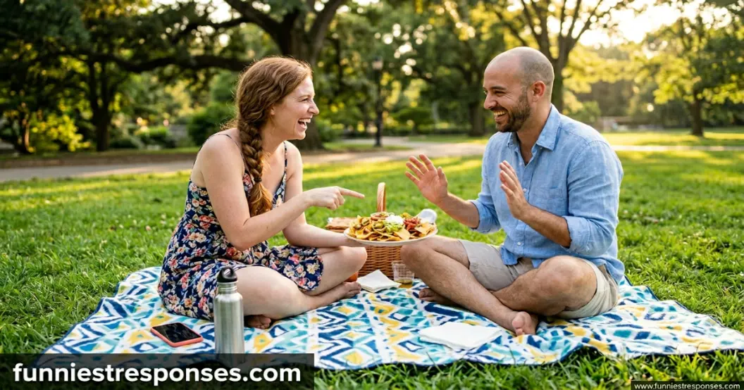 Couple laughing together while sharing a plate of food