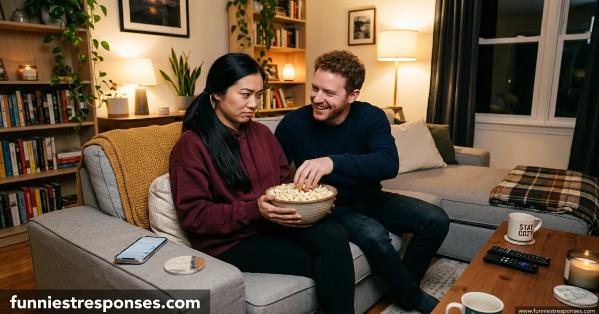 Couple on a couch, one reaching for the other's plate while laughing