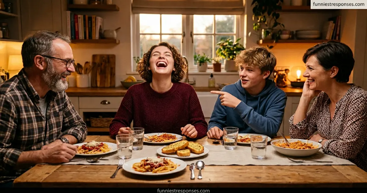 Group of friends laughing loudly at a restaurant table