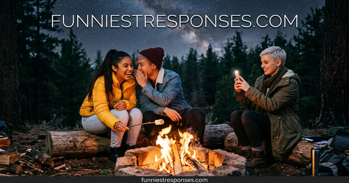 Friends laughing around a campfire, one holding a flashlight under their chin