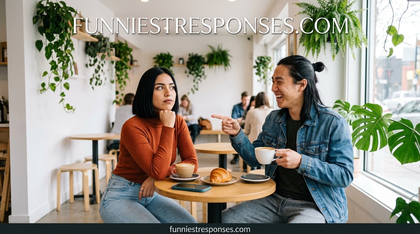 Two friends laughing at a coffee shop, one holding a phone with a funny meme