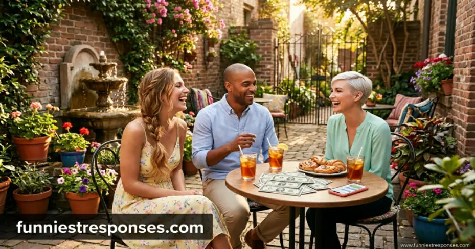 Group of friends laughing together, one gesturing as if dreaming of wealth