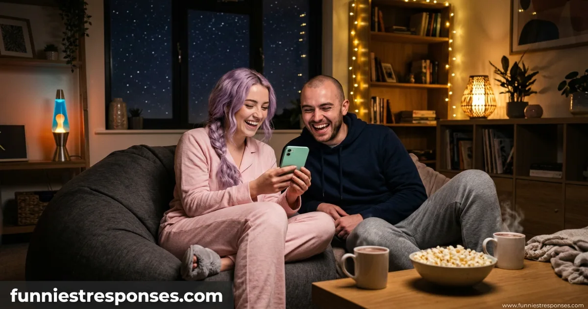 Two friends in pyjamas laughing on a couch late at night