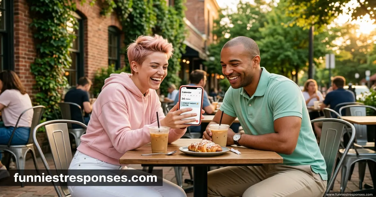 Two friends laughing while looking at a calendar on a phone