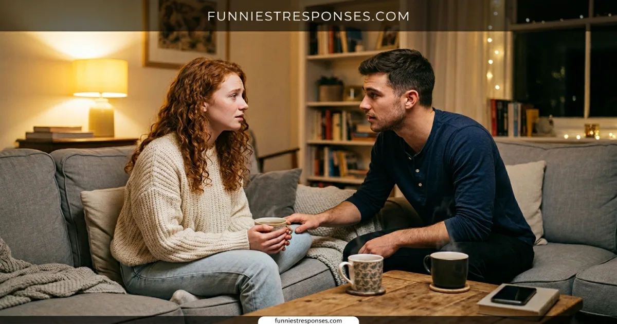 Two friends on a couch, one looking concerned, the other listening
