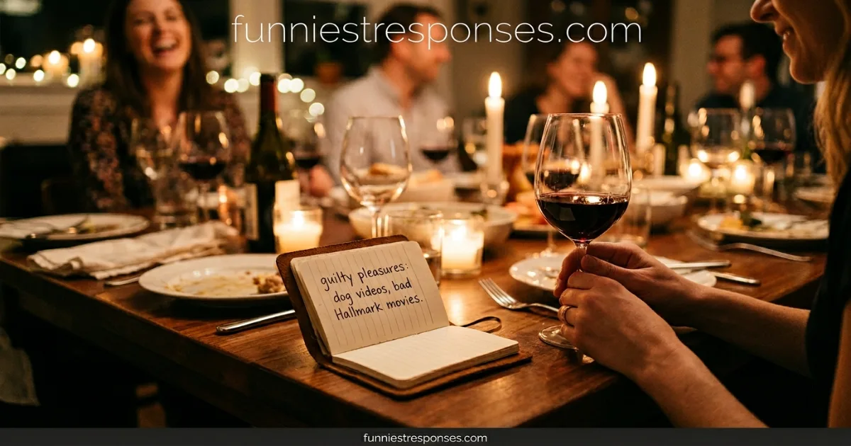 Person laughing while sharing a guilty pleasure at a dinner party