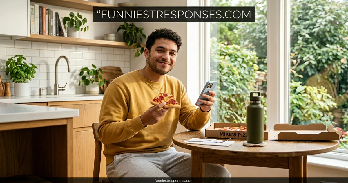 Person eating a slice of pizza alone while smiling at camera