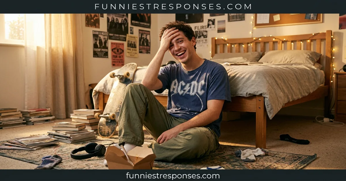 Person sitting on chair surrounded by clothes with a funny expression