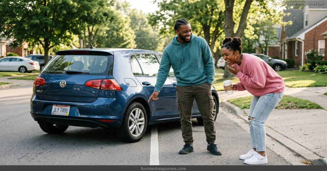 Two people laughing next to a slightly crooked car in a parking lot