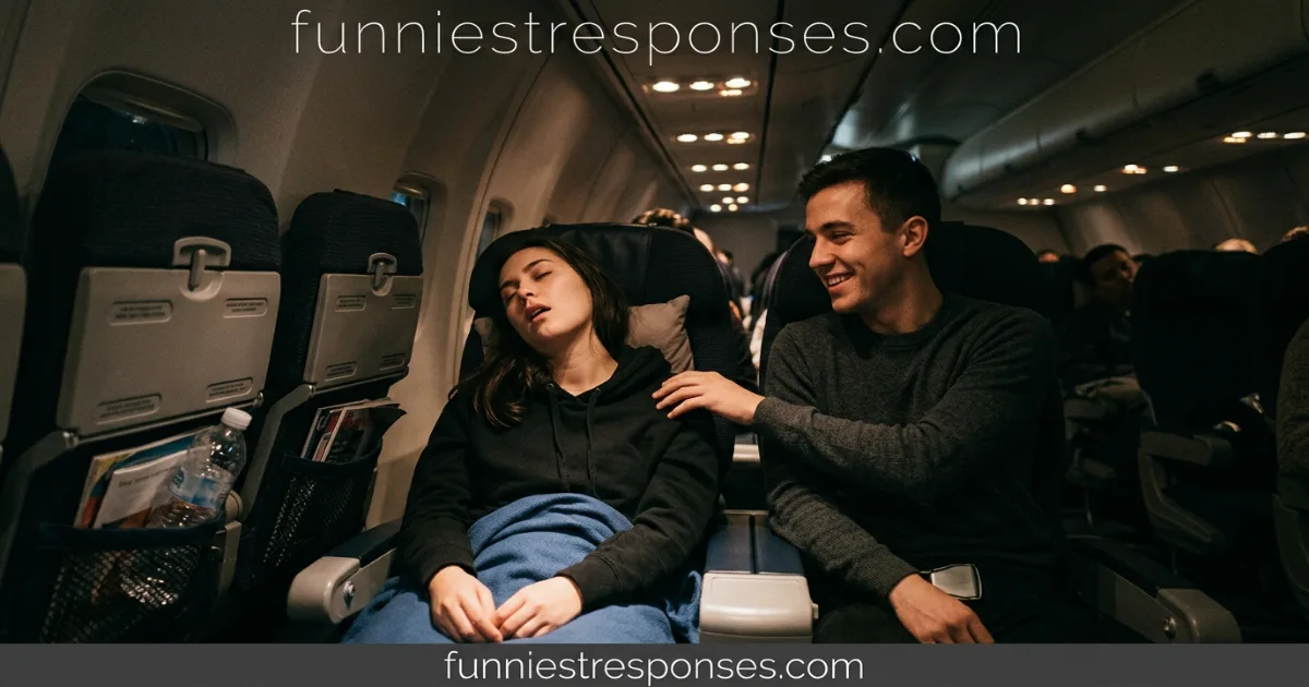 Person smiling apologetically on an airplane after snoring