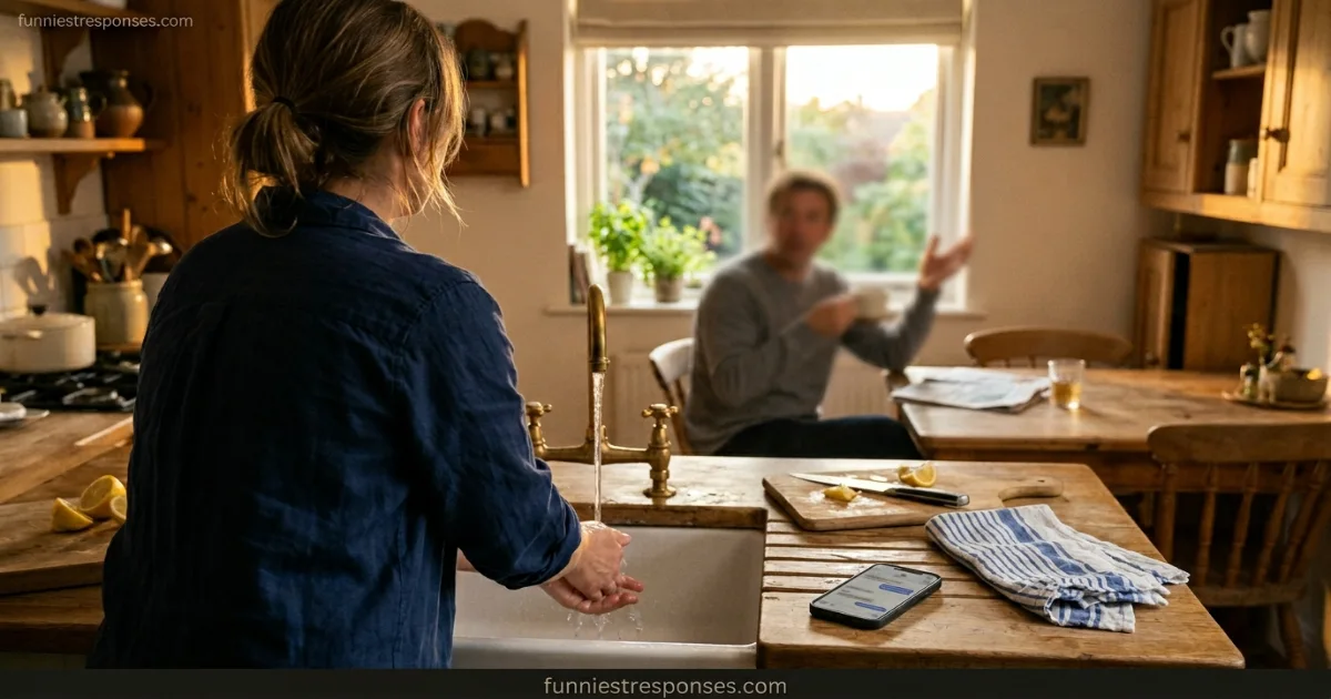 Two coworkers in a modern office kitchen, one smiling holding a coffee mug