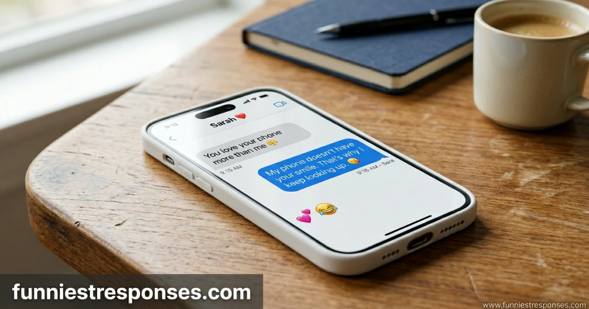 Text message exchange with 'you love your phone more than me' and a heart emoji reply