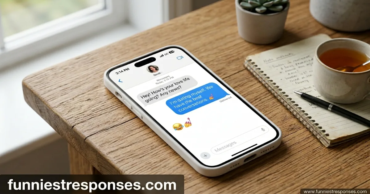 Text message asking 'how's your love life?' with a funny emoji reply