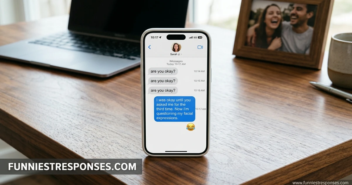 Text exchange with three 'are you okay?' messages and a funny reply