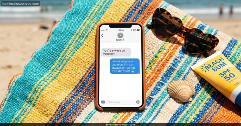 Person smiling at phone on a beach towel with sunglasses