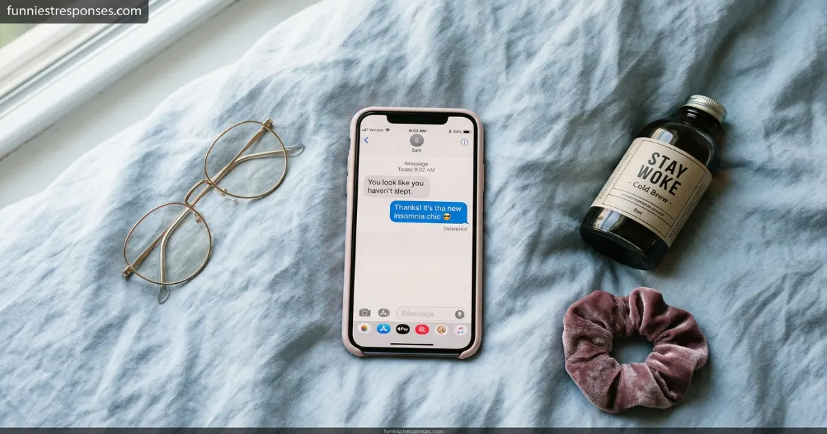 Smartphone text conversation with a funny reply about looking tired
