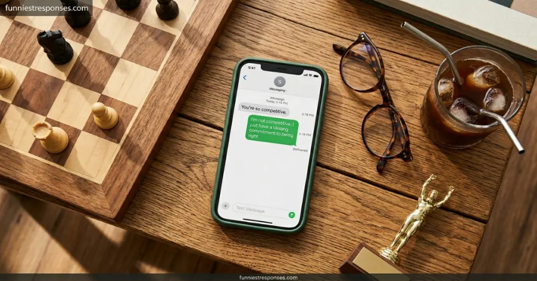 Smartphone text conversation with a funny reply to 'you're so competitive'