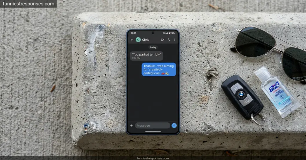 Smartphone text conversation showing a funny reply about bad parking